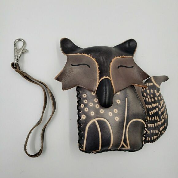 Handmade Leather Fox Wristlet Wallet Gray Minimalist Woodland Animal Coin Purse - Picture 2 of 10